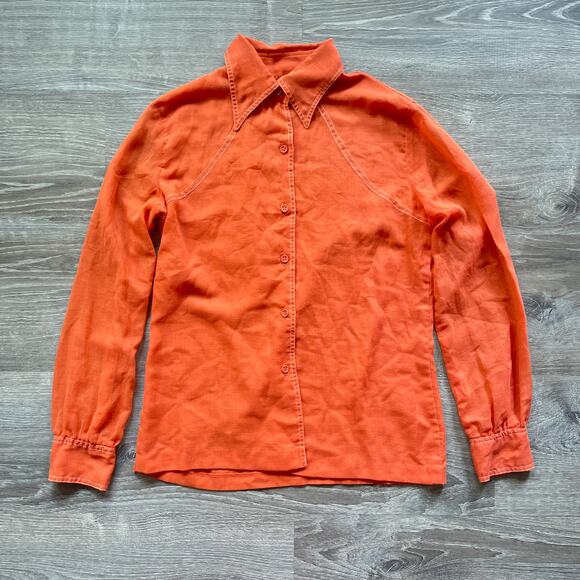 Vintage 70s Orange Button Up Shirt / Sz M / CRYSTAL PLUS / Boho / Dagger Collar - Picture 1 of 6